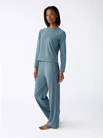 Women's Brushed Bamboo Wide Leg Pull On Pant & Pullover Crew Set