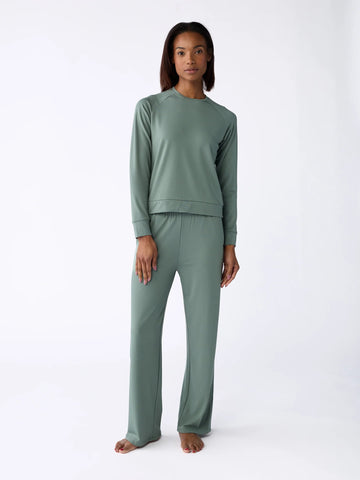 Women's Brushed Bamboo Wide Leg Pull On Pant & Pullover Crew Set