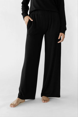 Women's Brushed Bamboo Wide Leg Pull On Pant & Pullover Crew Set